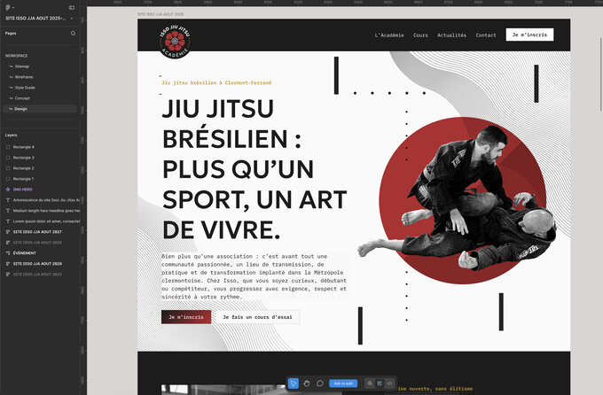 Maquette Figma de la homepage Musō livrée par Catherine Tournadre, avec parti pris typographique fort et photo en cercle rouge