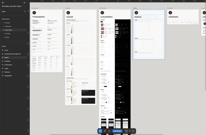Styleguide Figma du projet Musō : palette de couleurs, échelle typographique, espacements, composants