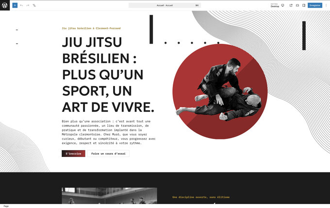 Capture de la homepage Musō dans l'éditeur Gutenberg WordPress