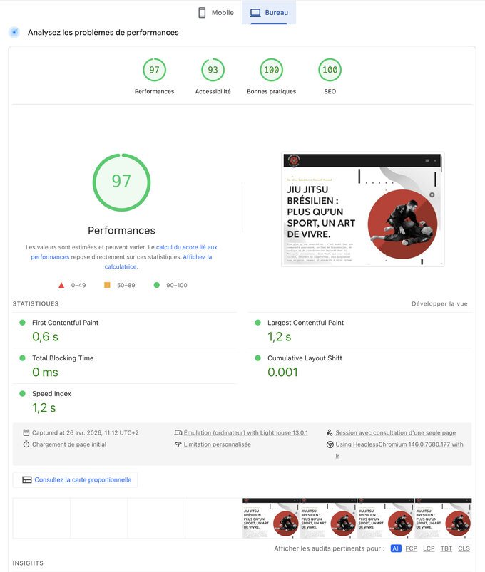 Score PageSpeed desktop de 97/100 pour le site de la Musō Jiu-Jitsu Académie, avec 93 en accessibilité et 100 en bonnes pratiques et SEO